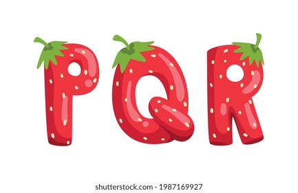 PQR Ripe Fresh Strawberry Alphabet Letters, Tasty Bright Jelly Red Berry Font Cartoon Vector Illustration