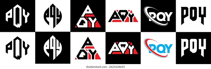PQY letter logo design in six style. PQY polygon, circle, triangle, hexagon, flat and simple style with black and white color variation letter logo set in one artboard. PQY minimalist and classic logo