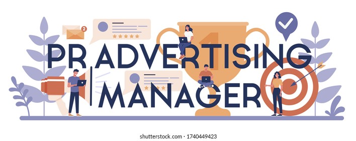 concepto de encabezado tipográfico del gestor de publicidad de relaciones públicas. Idea de hacer anuncios a través de los medios masivos para publicitar su negocio. Estrategia de gestión y comercialización. Ilustración vectorial plana