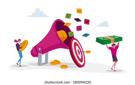 Pr Agency Digital Marketing. Tiny Characters Work with Huge Megaphone, Communication, Alert Advertising, Propaganda and Social Media Public Relations and Affairs. Cartoon People Vector Illustration