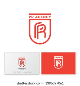 PR agency logo. P and R monogram consist of thin lines in a shield . Web, user interface icon. Business card. 