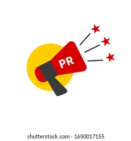 PR agency logo, public relations icon, megaphone with stars, promotion in social media vector sign