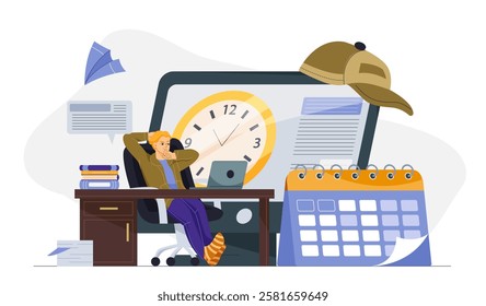 PR agent concept. Man sitting near calendar and clocks. Promoting company or organization on Internet. Advertising and marketing. Public relations specialist. Flat vector illustration