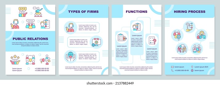 PR blue brochure template. Public relations for business. Leaflet design with linear icons. 4 vector layouts for presentation, annual reports. Arial-Black, Myriad Pro-Regular fonts used