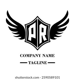 PR bold shield logo with wings, customizable with letters A to Z. Perfect for brands seeking a powerful symbol of strength, freedom, and ambition