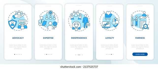 PR code of ethics blue onboarding mobile app screen. Principles walkthrough 5 steps graphic instructions pages with linear concepts. UI, UX, GUI template. Myriad Pro-Bold, Regular fonts used