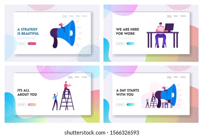 Pr Communication, Ad Marketing, Office Worker Website Landing Page Set. Businesspeople Yelling to Huge Megaphone. Manager Sitting at Desk with Pc Web Page Banner. Cartoon Flat Vector Illustration