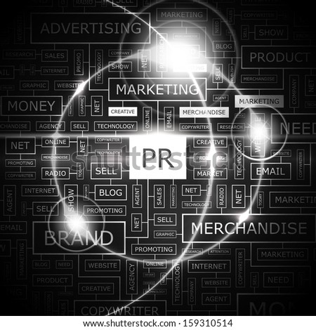PR. Concept illustration. Graphic tag collection. Wordcloud collage. Vector illustration. 