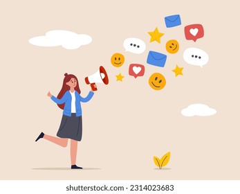 PR concept. Public relation or marketing communication, advertising campaign or social media marketing, online promotion or email newsletter, young woman PR speak on megaphone on social media.
