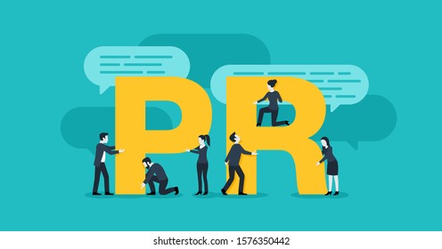 PR concept - public relations illustration - working group of pr-managers with big letters, P and R - vector banner