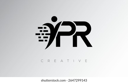PR Criativo Digital Monogram Logo - Design de marca de letra futurista apresentando forma humana, movimento de pixel e estilo técnico mínimo para identidade de marca inovadora