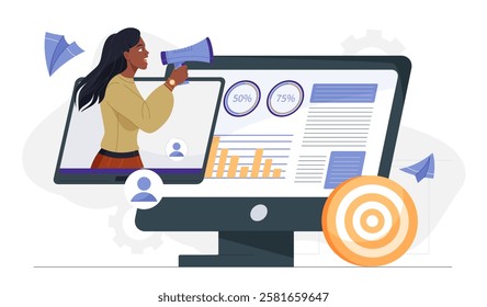 PR digital management. Woman with loudspeaker at computer screen. Analysis of user opinions. Advertising and marketing on Internet. Public relations specialist. Flat vector illustration