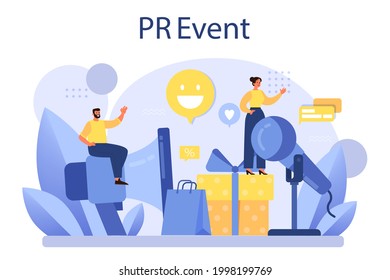 PR event. Celebration or meeting organization as a PR campaign for business promotion. Event management, marketing communication with customer. Flat vector illustration
