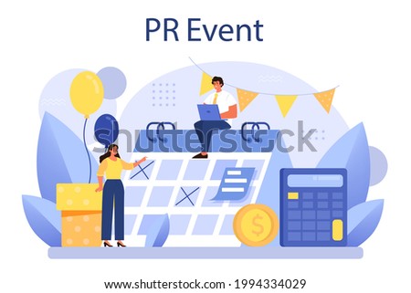 PR event. Celebration or meeting organization as a PR campaign for business promotion. Event management, marketing communication with customer. Flat vector illustration