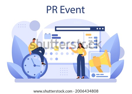 PR event. Celebration or meeting organization as a PR campaign for business promotion. Event management, marketing communication with customer. Flat vector illustration