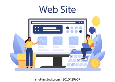 PR event online service or platform. Celebration or meeting organization as a PR campaign for business promotion. Website. Flat vector illustration