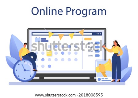PR event online service or platform. Celebration or meeting organization as a PR campaign for business promotion. Online program. Flat vector illustration