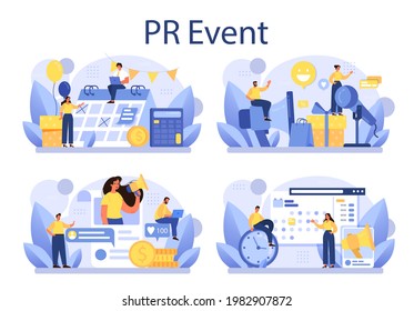 PR Event Set. Celebration Or Meeting Organization As A PR Campaign For Business Promotion. Event Management, Marketing Communication With Customer. Flat Vector Illustration