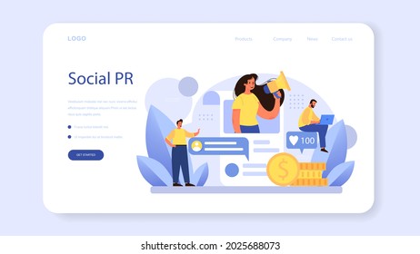 PR event web banner or landing page. Celebration or meeting organization as a PR campaign for business promotion. Event management, marketing communication with customer. Flat vector illustration