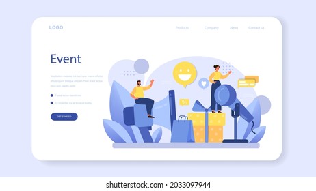 PR event web banner or landing page. Celebration or meeting organization as a PR campaign for business promotion. Event management, marketing communication with customer. Flat vector illustration