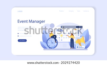 PR event web banner or landing page. Celebration or meeting organization as a PR campaign for business promotion. Event management, marketing communication with customer. Flat vector illustration