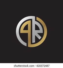 PR initial letters looping linked circle elegant logo golden silver black background