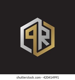 PR initial letters looping linked hexagon elegant logo golden silver black background