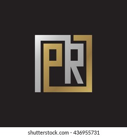 PR initial letters looping linked square elegant logo golden silver black background
