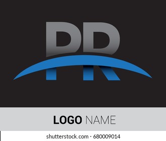 PR initial logo company name colored grey and blue swoosh design.