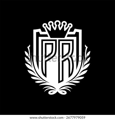 PR Letter logo heraldic shield shape with crown, vintage shield on black background template design