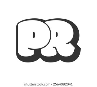 PR logo, bubble comic lettering, rounded in graffiti style black and white silhouette. Trendy preschool P and R letter text for festival party, personal initials, children funky print and web. 