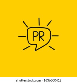 pr logo in comment bubble with rays, hand drawn public relation vector icon