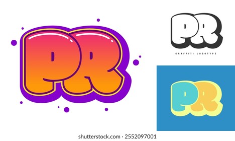 Diseño de logotipo de relaciones públicas para festival o fiesta. Letra inicial p y r en estilo graffiti. Nombre moderno creativo de la compañía de la tipografía de la fuente. Logotipo o identidad de moda para niños. Ilustración vectorial.