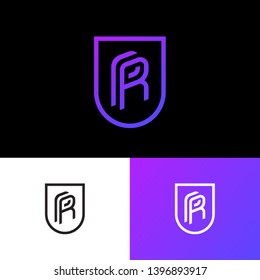 PR logo. Human Resources emblem. P and R monogram consist of thin lines in a shield . Web, user interface icon. Identity. 