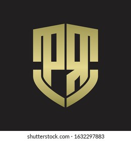 PR Logo monogram with emblem shield shape design isolated gold colors on black background