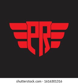 PR Logo monogram with emblem and wings element design template on red colors