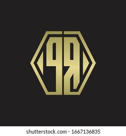 PR Logo monogram with hexagon line rounded design template with gold colors
