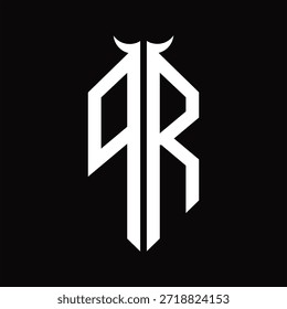 PR Logo monograma con forma de cuerno aislado Plantilla de diseño en blanco y negro sobre fondo negro