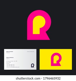 PR-Logo. Logo der PR-Agentur. Monogramm besteht aus gelben und rosafarbenen Buchstaben. Web, i-Symbol.