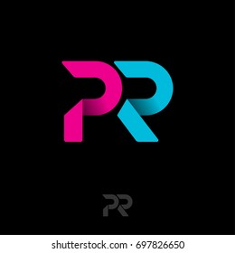 PR logo. Public relations emblem. Blue and pink origami letters on dark background.