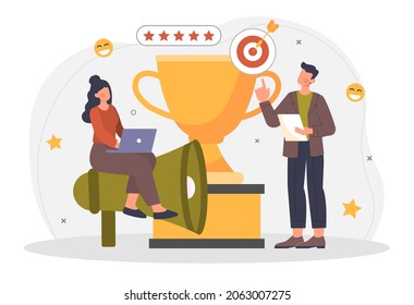 PR management concept. Man and girl thinking about image of famous person. Employees flaunt achievement, personal brand building, notoriety, social media review. Cartoon flat vector illustration