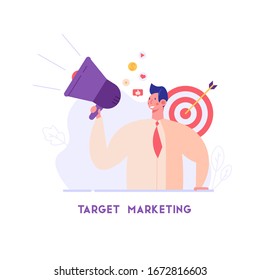 PR manager attracting customers with megaphone. Concept of PR, targeting, marketing. Successful work in Internet. The concept of journalism, target marketing, online advertising in flat design