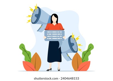 PR manager attracts customers with megaphone. Successful work on the Internet. PR, targeting, marketing concept. target marketing, online advertising in data design, Journalism concept.