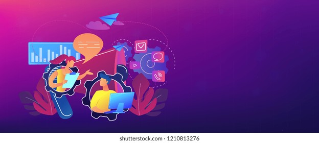 Gerentes de Pr se comunicam e megafone enorme. Relações públicas e assuntos públicos, comunicação, por agência e conceito de empregos sobre fundo branco. Modelo de banner de cabeçalho ou rodapé com espaço de cópia.