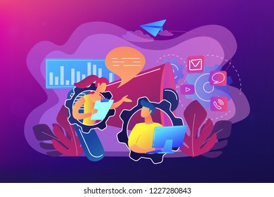 Pr managers communicate and huge megaphone. Public relations and affairs, communication, pr agency and jobs concept on white background. Bright vibrant violet vector isolated illustration