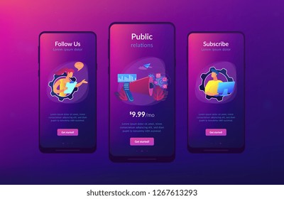 Pr managers communicate and huge megaphone. Public relations and affairs, communication, pr agency and jobs concept on white background. Mobile UI UX GUI template, app interface wireframe