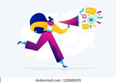Pr managers communicate and huge megaphone. Public relations and affairs, communication, pr agency and jobs concept on white background. Bright vibrant violet vector isolated illustration