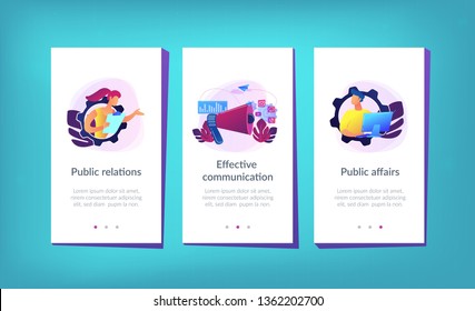 Gerentes de Pr se comunicam e megafone enorme. Relações públicas e assuntos públicos, comunicação, por agência e conceito de empregos sobre fundo branco. Modelo de interface de usuário móvel UX, wireframe da interface de aplicativo