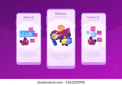 Pr managers communicate and huge megaphone. Public relations and affairs, communication, pr agency and jobs concept on white background. Mobile UI UX GUI template, app interface wireframe