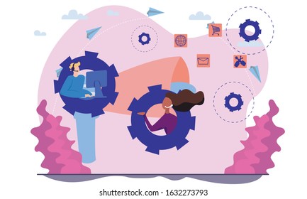 Pr managers communicate and huge megaphone. Public relations and affairs, communication, pr agency and jobs concept on white background. Pink coral blue vector isolated illustration